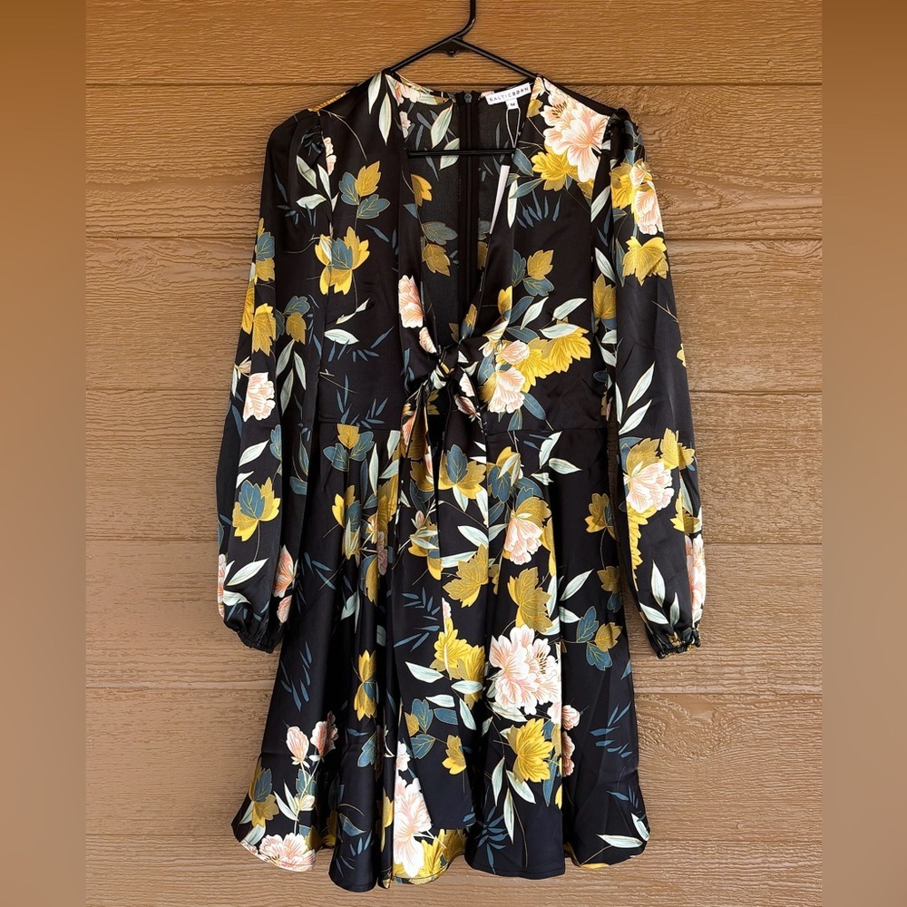 Baltic Born Black Floral Tie-Front Long Sleeve Dress NWT